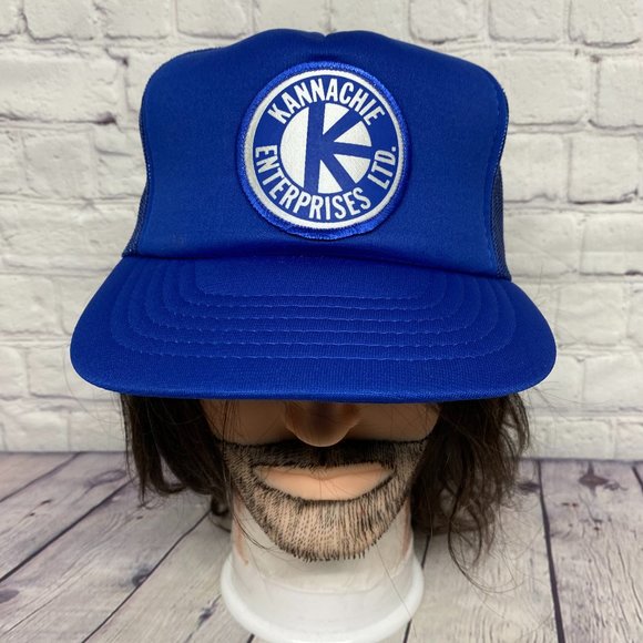 Vintage Trucker Hat Mesh Cap Snapback Blue KANNACHIE Enterprises Patch Logo 80s - Picture 1 of 8